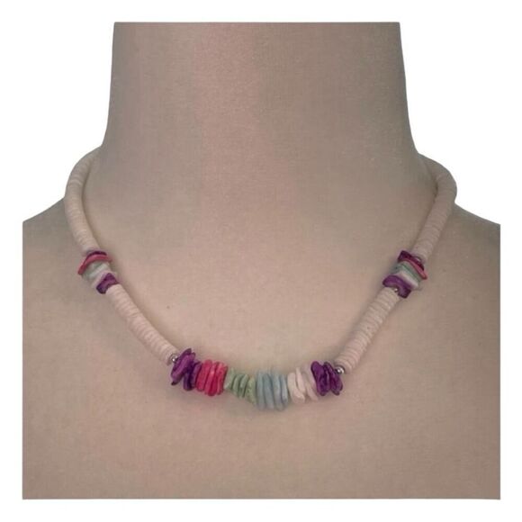 Vintage Puka Shell Necklace Chunky White Green Pink Purple Seashell - Picture 1 of 3